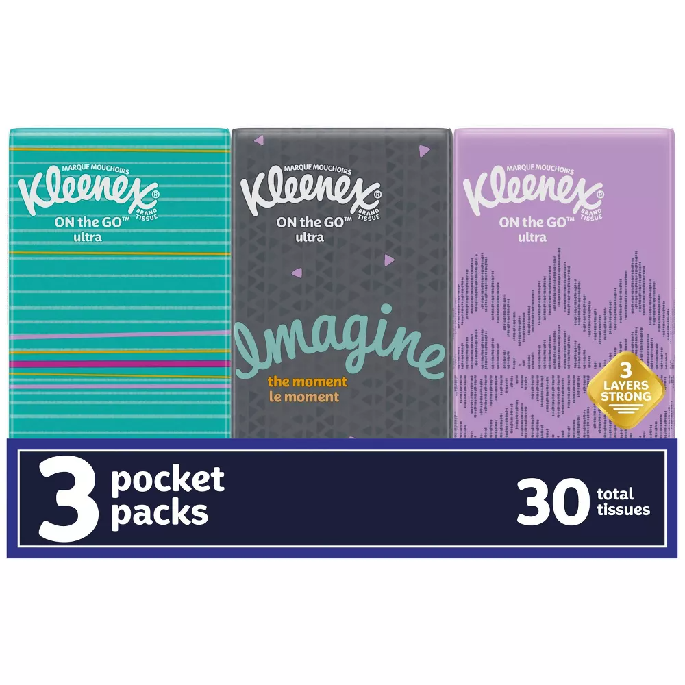 Kleenex Go Pack Everyday Facial Tissues, Pocket Pack, 10 Ea, 3 Pack